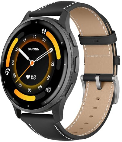 Niboow 22mm Armband für Armin Venu 3/Forerunner 265/Forerunner 255/Forerunner 255 Music, Leder Uhrenarmband Armbänder für Garmin vivoactive 4/Venu 2/Active -Schwarz
