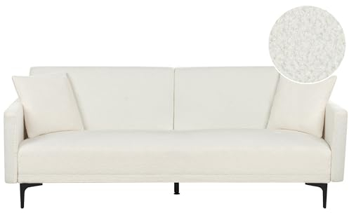 Beliani 3-Sitzer Schlafsofa Bouclé weiß gesteppt mit Metallbeinen schwarz 2 Kissen Lucan