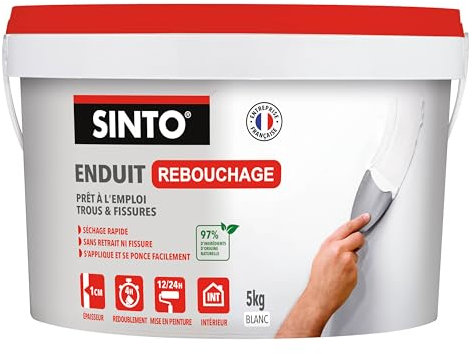 SINTO - Enduit Rebouchage Trous et Fissures - Prêt à l'Emploi - 97% d'Ingrédients d'Origine Naturelle -Séchage Rapide - Sans Retrait Ni Fissure -Usage Intérieur - Technique Professionnelle - 5kg