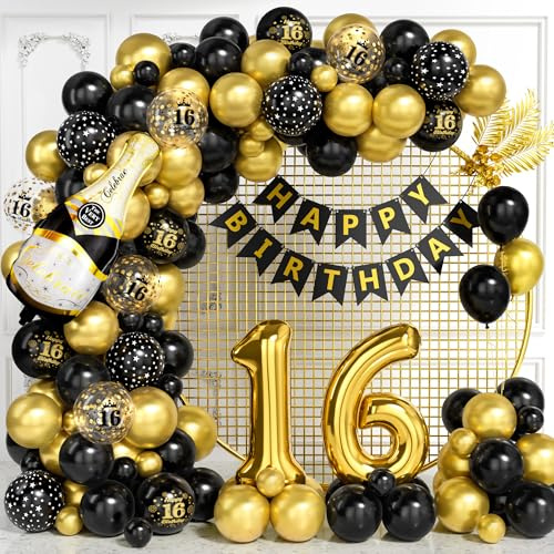 16 Geburtstag Deko für Jungen Mädchen, Schwarz Gold Luftballon Bogen Kit mit Nummer 16 Ballons Konfetti Ballons Happy Birthday Banner, Schwarz Gold Party Deko für 16 jährige Männer Frauen Jubiläum