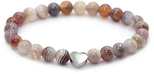 Echtes Botswana Achat Edelstein Armband mit 6mm Perlen und Edelstahlherz - verschiedene Längen - Heilstein Schutzstein Talisman Glücksbringer Geschenk (Botswana A., 16CM)