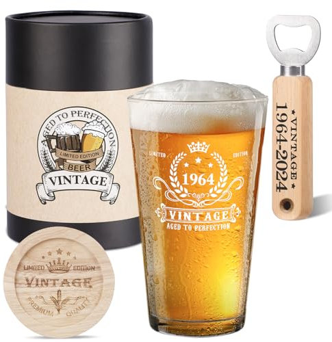 Amosking 61 geburtstag mann, Vintage 1964 Bierglas, hölzerne Untersetzer, hölzerne Flaschenöffner, Vintage Bier Geschenk-Box und Grußkarte,61. Geburtstag Geschenkideen für ihn