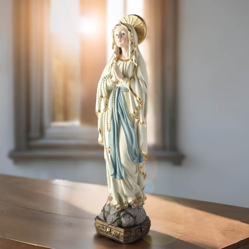 Statue Our Lady of Lourdes, betende Jungfrau Maria, für drinnen und draußen, Kunstharz, gesegnete Mutter auf einem Steinsockel, Sammlung, religiöse Statuen, katholische Geschenke für Mutter,