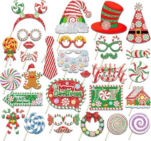 30pcs Weihnachtsfeier Foto Requisiten,Fotobox Accessoires Weihnachten,Party Zubehör Handgehaltene Dekorative Fotorequisiten,Weihnachten Photo Booth Requisiten Weihnachtsfeier Party Deko