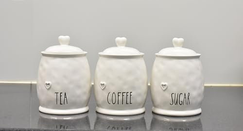DEENZ Set Of 3 Durable Ceramic Tea, Coffee & Sugar Kitchen Storage Jars/Canisters Shabby Chic Engraved Love Heart Motif Geometric Lids Barrel Name Labelled Food Preservatives 12 X 12 X 17 Cm (WHITE)