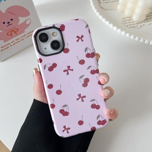 DEFBSC Case for iPhone 13/iPhone 14, Cute Pink Bow Cherry Print Aesthetic Trendy Pattern for Women Girls Slim Durable Bumper Shockproof Hybrid Hard Back Phone Cover, Red Bow/Glossy