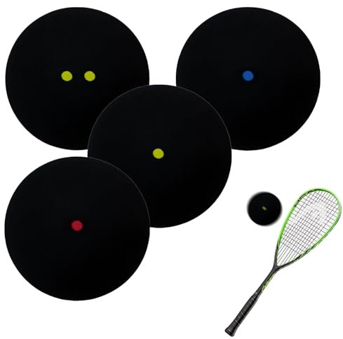 Vulevirtue 4Er-Set Squash Bälle,High Bounce Squash Ball Doppelgelb Punkte Einzelne Gelbe Punkte Einzelne Rote Punkte Einzelne Blaue Punkte Gummi Squash Schläger Bälle Squash Bälle Squashball