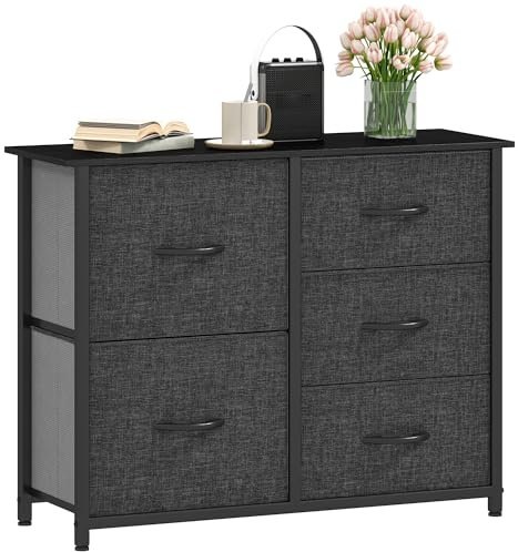 DWVO Kommode mit 5 Schubladen, langlebiger Stoff, Robustes Metallgestell, modern und funktional, ideal für Schlafzimmer, Wohnzimmer, Flur, Kinderzimmer, Schwarz Grau