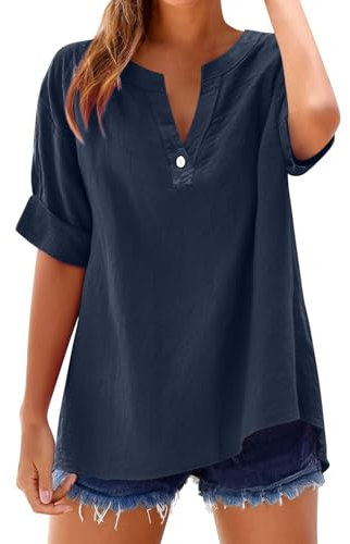 Haut Femme Chic Et Elegant Ete Oversize T Shirt en Coton Et Lin Grande Taille Manche Courte Vetement Femme Ete Tee Shirt Col V Été Couleur Uni Tshirt Travail Chemise(Marine,XXL)