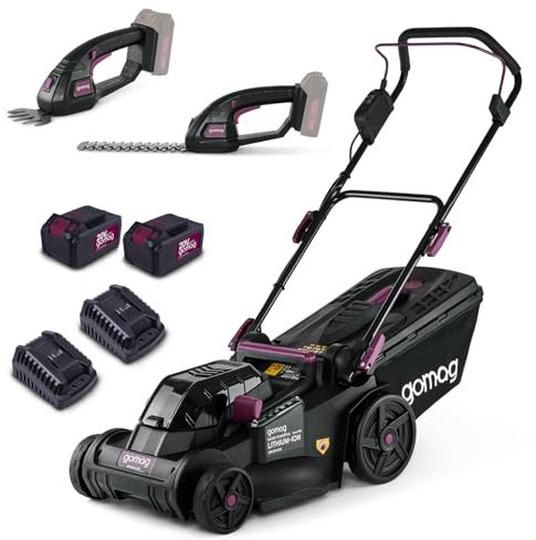 Gomag Akku Rasenmäher RSM380BL + SHS200 XL-Set | 38cm Schnittbreite | für 450-500m2 | 25-75mm Schnitthöhe | Grasschere Schnittlänge 200mm / Schnittbreite 90mm | mit 2X 4Ah Akku & 2X Ladegerät