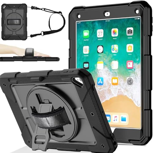 TOPWANT Case for iPad 6th/5th Gen 9.7 2018/2017, Air 2/Pro9.7, Black | Heavy Duty Shockproof iPad Case with 360° Rotating Stand, Pencil Holder, Adjustable Hand Strap & Shoulder Strap