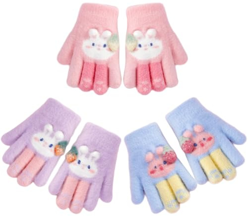 UJBVCX 3 Paar Handschuhe für Kinder Winter, Vollfinger Warme Strickhandschuhe Thermo Bunte Fingerhandschuhe für Mädchen 4-7 Jahre