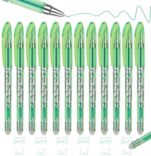 MOTIBACK 12 Stück Radierbarer Gelschreiber Set 0.5mm, Thermotinte Tintenroller mit Radiergummi, Nachfüllbarer Kugelschreiber für Bürobedarf Schulsachen (Grün)
