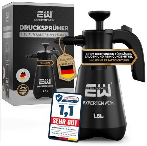 ExpertenWerk Drucksprüher 1,5 L säurefest, Pumpsprühflasche säurebeständig | EPDM-Dichtung für Säuren, Laugen, Reiniger & Unkrautvernichter, Düse stufenlos verstellbar, Pumpflasche mit Überdruckventil