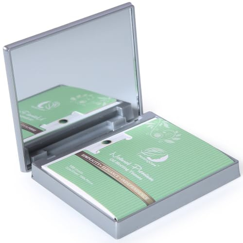 PleasingCare Makeup Mirror with Facial Oil Blotting Paper Sheets – Green Tea 100 Counts, Silver Compact Folding Cosmetic Travel Mirror