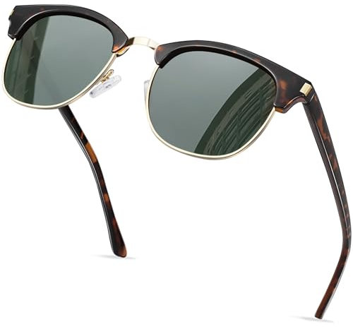 KANASTAL Leopard Green Sunglasses Womens Polarised Half Frame Sunglasses for Men Vintage Retro Ladies Fashion Travel Outdoor - Tortoiseshell Frame Dark Green Lens