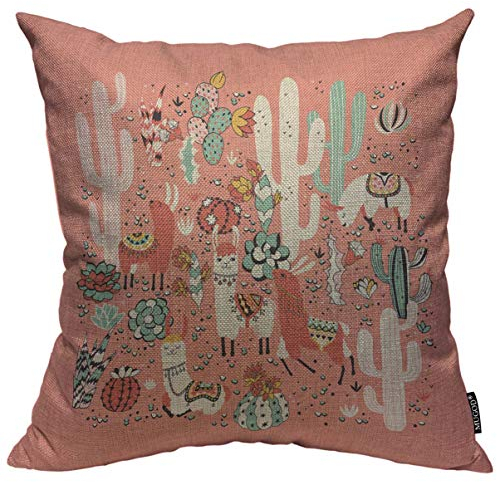 Mugod Happy Llama Wurfkissenbezug Schöne Blumen und Kakteen Nahtloses Muster Dekorativer quadratischer Kissenbezug für Zuhause Schlafzimmer Wohnzimmer Kissenbezug 45,7 x 45,7 cm