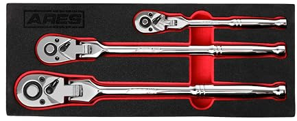 ARES 42028 - Flexkopf-Ratschen-Set, 3-teilig, 72-Zahn-Ratsche, Premium-Chrom-Vanadium-Stahlkonstruktion und verchromte Oberfläche, 72-Zahn-Schnellspanner, wendbares Design mit 5-Grad-Schwung