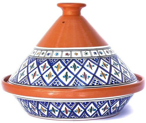 Kamsah Tagine Pot for Cooking and Flavor Enrichment - Large Clay Pot 12”, 5.5 QT - Non-Stick Handmade Cookware - Moroccan Ceramic Pots for Cooking with Lid & Serving Bowl - Bohemian Supreme Blue