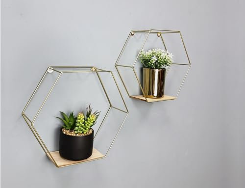 spot on dealz® Set of 2 Metal Wired Hexagon Wall Floating Shelves Elegant Design Fully Assembled Display Unit (Gold)