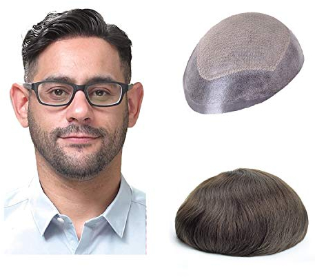 Lordhair Knotenlos Toupet für Männer, Haut Eben Injiziert Mensch Haar System, Basisgröße 8x10 Zoll Leichte Mittlere Dichte Herren Haarteil (Dunkelbraun 2#)
