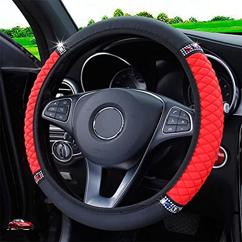Uposao Bling Bling Strass Auto Lenkradbezug,38CM / 15'' Leder Lenkradabdeckung Anti Rutsch Lenkradhülle Atmungsaktiv Lenkradschutz Lenkradschoner Glitzer Autozubehör für Männer Damen,Rot