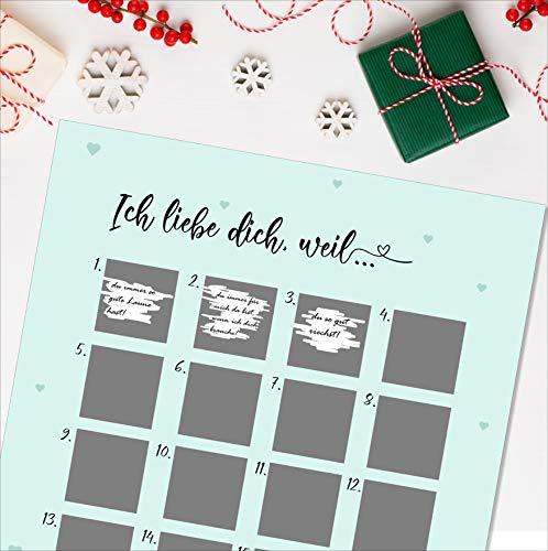 Adventskalender zum Rubbeln „Ich liebe dich, weil …“ – DIY Liebes-Adventskalender zum Selbstbeschriften – 24 Rubbel-Felder – Geschenkidee für Partner, Freund, Freundin, Mama & Papa – A3 türkis