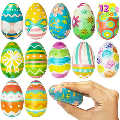 JOYIN Easter squeeze Eggs Slow Rising Stress Ball Soft Fidget Squeeze Easter Eggs for Easter Egg Hunt, Easter Basket Stuffer Fillers, Easter Toys Gifts Party Favor (Art2, 12)
