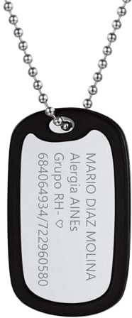 Richsteel Colgante Chapa Militar Identidad, Personalizar Nombre Contacto Alergias Palabras de Ánimo, Cadena Robusta 50-60cm Largo, Regalo Padres Abuelos Hijos Amigas, Joyero Incluido