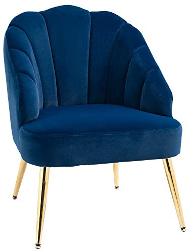 HOMCOM Poltrona Imbottita con Schienale a Conchiglia, Poltroncina da Camera e Salotto in Velluto con Gambe Dorate, per Camera da Letto e Soggiorno, Blu