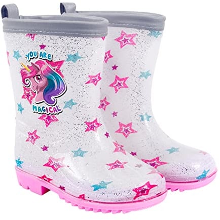 PERLETTI Stivali Pioggia Bambina Unicorno Argento Glitter - Scarpe Bambina Anti Pioggia in PVC con Suola Rosa Antiscivolo Bordo Riflettente - Stivaletti Bambina Gomma Impermeabili (Argento, 22/23 EU)