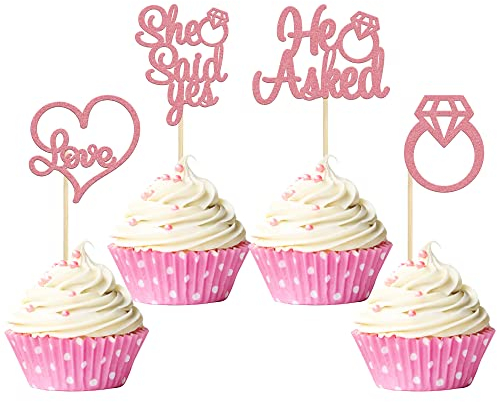 Gyufise 24 Stück Cupcake-Topper, He Asked She Said Yes, hellrosa Glitzer-Herz-Ring, Cupcake-Picks, Hochzeit, Verlobung, Brautparty, Party, Kuchendekoration, Zubehör