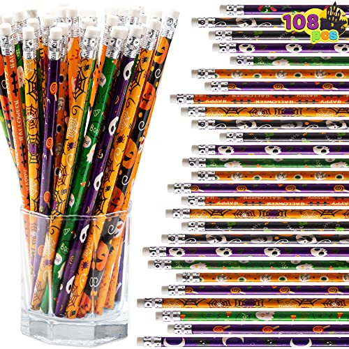 JOYIN Set di 108 matite per Halloween con gomme da cancellare, in 12 disegni, diverse matite in legno colorate, per Halloween, per bambini, feste di Halloween, articoli da regalo