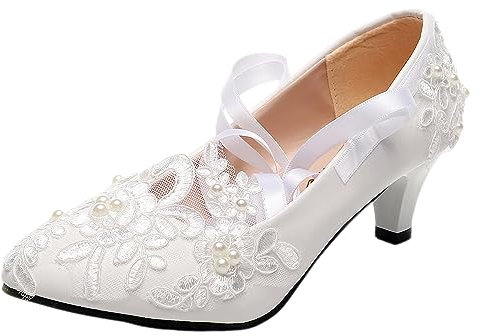 Jamron Femme Élégant Dentelle Broderie 5CM Talon Blanc Chaussures de Mariée avec Perles SN070427 EU39.5