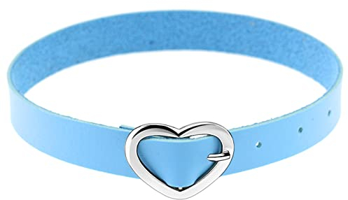Flongo Tattoo Choker Leder Halsband Lederhalsband Damen Halskette mit Herz Anhänger Kette Blau Silber Gothic Punk Rock