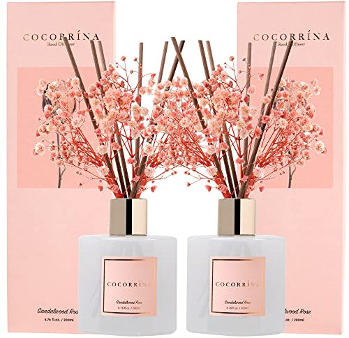 Cocorrína Premium Reed Diffuser Set with Preserved Baby's Breath & Cotton Stick Sandalwood Rose 2 Packs, 6.7oz Scent Fragrance Oil Diffuser for Bedroom Bathroom Home Décor
