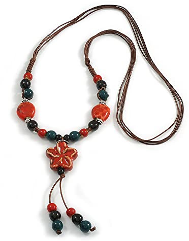 Avalaya Red/Teal/Black Round Ceramic Bead with Flower Tassel Brown Silk Cord Necklace/ 66cm L/Slight Variation In Colour/Natural Irregularities
