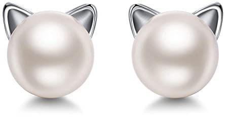 Schöne Katze Perle Ohrringe, 925 Sterling Silber Katzenschmuck Geschenk, zierliche Kätzchen Tier hypoallergene Schmuck Geschenke für Frauen Mädchen