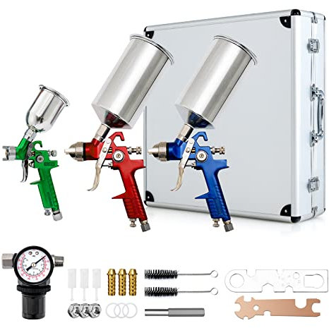 COSTWAY HVLP Air Spray Gun Set with 1.0mm 1.4mm 1.7mm Nozzle, 3pcs Auto Gravity Feed Spray Gun with Air Regulator & 100CC/1000CC Aluminum Cup, Automotive Paint Spray Guns for Car Furniture Primer