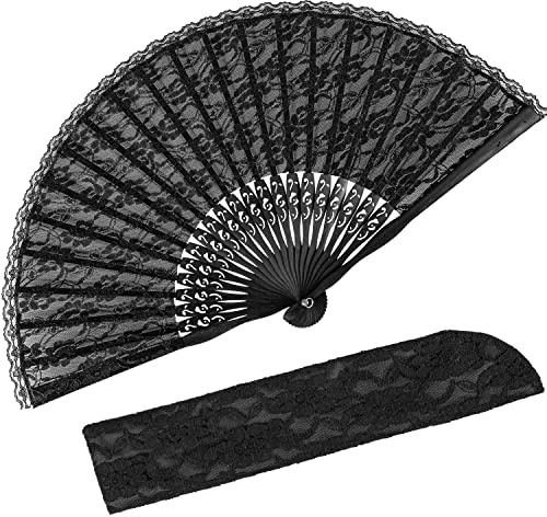 iZoeL Hochzeitsfächer Brautfächer Spitze Handfächer Fächer Schwarz | Eleganter Spitzen Fächer mit Leinen Geschenktüte, faltbarer Handfächer für Hochzeit, Party, Fasching & Braut Accessoires