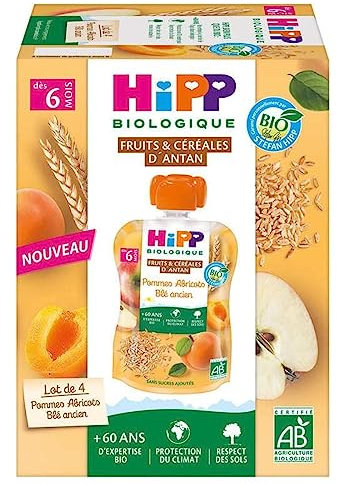 HiPP Biologique Fruits & Céréales d’Antan Pomme Abricot Blé Ancien 4x90g