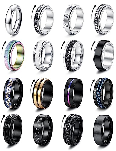 FIOROYAL 16 Pcs Edelstahl Ringe Angst Fidget Ring für Männer Frauen Silber Schwarz Mode Band Spinner Ringe Hochzeitsversprechen Herren Ringe Set 54-69 v11