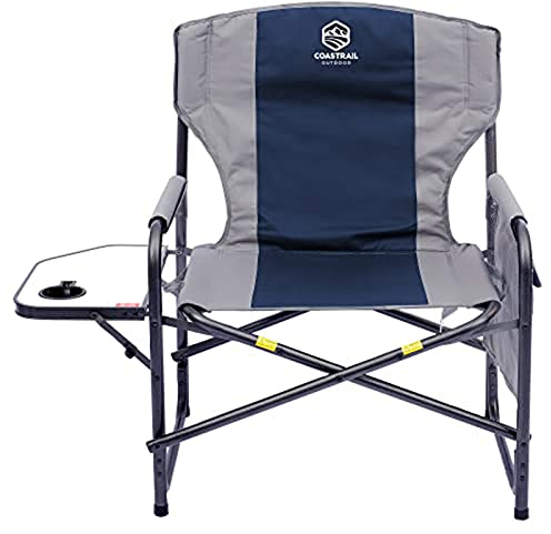 HUEZOE Regiestuhl unterstützt 272 kg, 71,1 cm breit, vollständig gepolstert, für Erwachsene, robust, faltbar, Camping, mit Beistelltisch und Aufbewahrungstasche, Übergröße, Marineblau/Grau