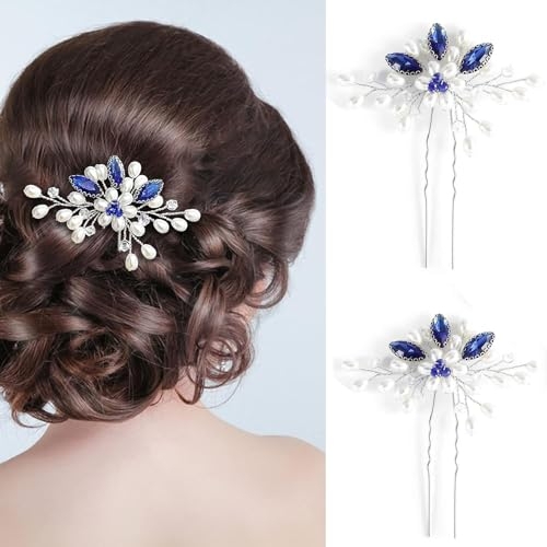 Xinlon 2 Stück Haarschmuck Mädchen, U-förmig Braut Haarnadeln, Haarschmuck Hochzeit Blau, Kristall Perlen Brautschmuck Haarkamm für Brautjungfern, Bräute, Hochzeit, Ball, Party, Bühnenshows