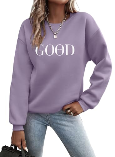 Minetom Pullover Damen Sweatshirt Briefe Drucken Langarm Rundhals Pulli Herbst Winter Frauen Buchstaben Druck Locker Casual Oberteil Sport Streetwear Sweatshirts ohne Kapuze Bluse Tops A Violett M