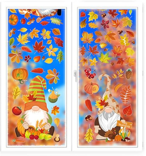 Adesivi per Finestra del Ringraziamento,Decorazioni Autunnali per Finestre,Ringraziamento Addobbi,Adesivi Finestre Ringraziamento,Vetrofanie Autunno,Gnomi Vetrofanie Decals,6pcs