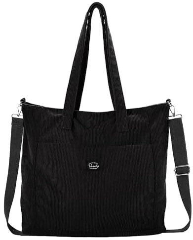 VASCHY Corduroy Tote Bags for Women, Casual Lightweight Large Shoulder Bag with Zipper Pockets Ladies Purse Bag for Work/Travel/Shopping,Black