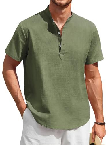 Enlision Linen Shirts Men Casual Cotton Collarless Short Sleeve Army Green Henley Shirts Button Down Summer Lightweight Grandad Collar Shirt Tops 2XL