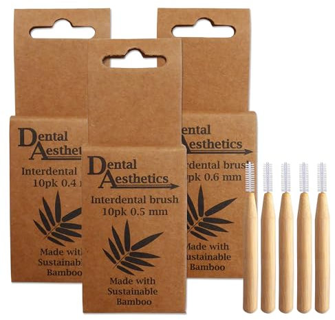 Dental Aesthetics Lot de 3 paquets de 10 brosses interdentaires en bambou (0,4 mm, 0,5 mm et 0,6 mm) TBI-3