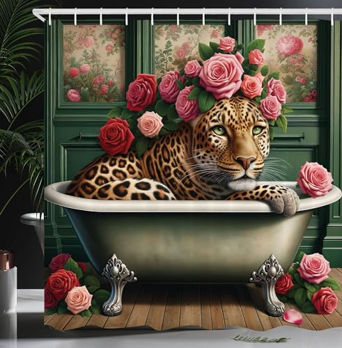 ABAKUHAUS Leopard Duschvorhang, Blühende englische Rosen mit einem wild gesprenkelten Tier in Einer Wanne Cottagecore, Stoffliches Gewebe mit Haken, 175 x 200 cm, Violett Quarz Meerblau